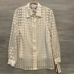 ERENA 2 Piece Sheer Cream Gold Square Pattern Button Down Blouse Medium NWT